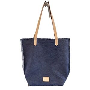Graf Lantz Hana Canvas Boat Bag Tote Blue Fringe Edge 14x14" Leather Handles